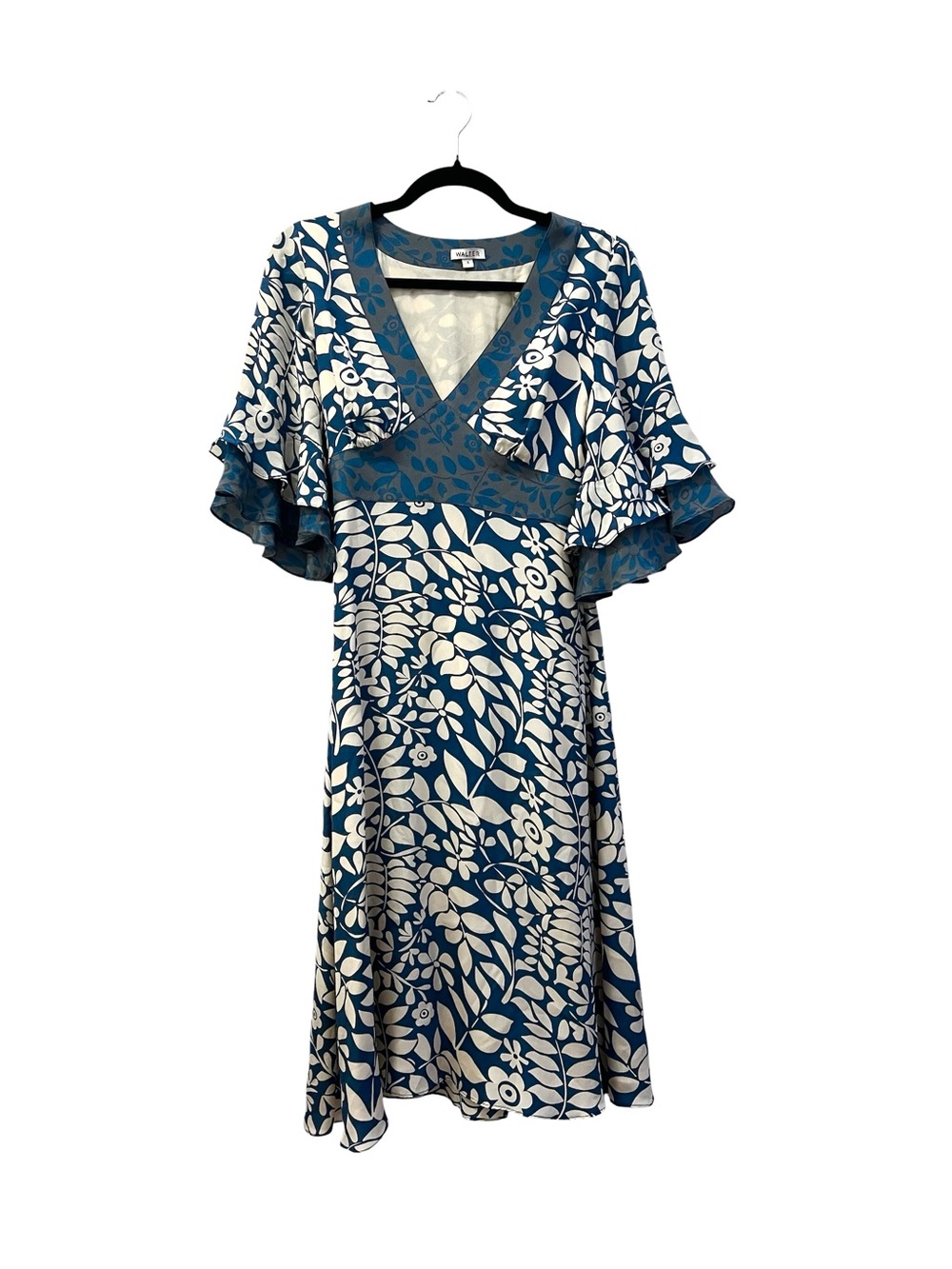 WALTER Baker  Blue &  Ivory Silk Floral Midi Flutter Sleeve Dress w Waist Tie S